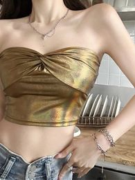 Women's Tanks Golden Sexy Umbilical Slim Wrap Chest Female Spicy Bralette Crop Top Short Exposed Navel And Shoulders Glossy Western Style