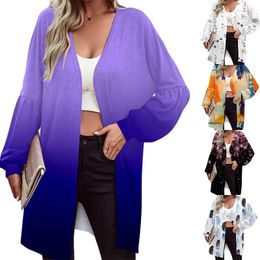 Women's Knits V-neck Casual Long Sleeved Knitted Cardigan 2024 Autumn/Winter Fashion Print Bubble Sleeve Sweater Coat Women Tops S-5XL