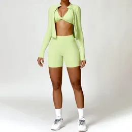 Active Sets Series 88 Yoga 3 Piece Set Jacket With V-Shaped Hem Zipper Up Bra Twist Backless Halter Neck BuLift Shorts