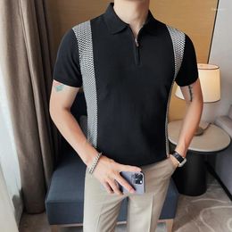 Men's Polos Top Grade Summer Men Polo Shirt Short Sleeve Lapel Casual Knitted England Plaid Slim Zipper Fashion Male Clothing