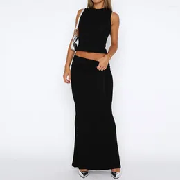 Work Dresses Women 2 Pieces Casual Set Navel Exposed Sleeveless Crop Top Skirt Solid Colour Slim Fit Cocktail Party Clothing Clubwear