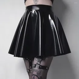 Skirts Women Black PU Leather Pleated Skater Skirt Solid Colour Short Casual Stretch PVC A-Line Mini Nightclub Party Sexy Summer