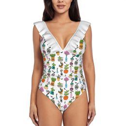 Wear Spooky Plants Women Ruffle One Piece Swimsuit Sexy Bodysuit Monokini Swimwear Bathing Suit Plant Plants Nature Halloween Spooky