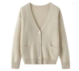 Women's Sweaters Korean Version Matching Color V-neck Double Pocket Buckle Full Cashmere Cardigan Loose Casual Commute