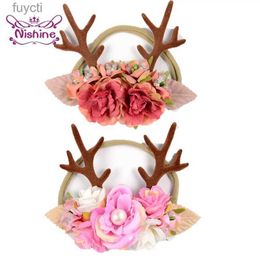 Party Hats Nishine Baby Girls Christmas Antlers Headband Bunny Ears Flower Hair Band Newborn Nylon Turban Hair Accessories Birthday Gifts YQ240120