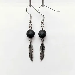 Dangle Earrings Black Volcanic Lava Stone Alloy Feather Charms DIY Essential Oil Diffuser Jewellery Women