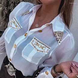 Women's Blouses Studded Pocket Button Shirt Women T Single Breasted Shirts Turn Down Collar Pockets Elegant Spring 2024