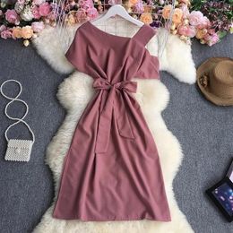 Casual Dresses Women's Dress Bow Lace-up Knee-Length Side-Slit Solid Colour Inclined Shoulder Vestidos French Style Dropship