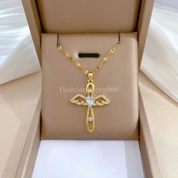 STAINLESS STEEL CHAIN Angel Wings Cross Pendant Necklace Gold Color Crystal Christian Jewelry Christmas Gifts For Women