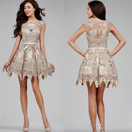2024 Champagne Short Mini Arabic A Line Homecoming Dresses Full Lace Jewel Neck Bow Knee Length Celebrity Evening Cocktail Prom