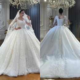 Glamorous Ball Gown Wedding Dresses Square Lace Appliques Tulle Pleats Lace Up Court Gown Bridal Pleats Custom Made Bridal Gown Plus Size Vestidos De Novia