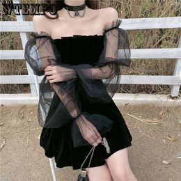 Women's Blouses Shirts WTEMPO Vintage Dress Y2k Sexy Off-shoulder Black Hepburn Style Short Lace Chiffon Korean Fashion Dresses Summer YQ240120