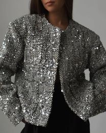 Metallic Silver Sequins Jacket Women Loose O Neck Long Sleeve Pocket Party Shiny Coat Autumn Winter Chic Lady Festival Outfits 240118