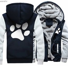 Men's Jackets Kawaii Cartoon Dog Paw Print Sweatshirt Men Winter Warm Thicken Hoodies Casual Hip Hop Tracksuit Zipper Jacket Windproof Coat