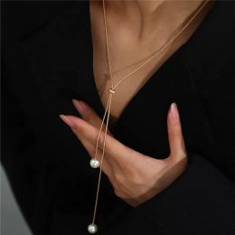 Long Drawable Adjustable Pearl 14k Yellow Gold Necklace for Women Korean Simple Party Wedding Fashion Jewellery