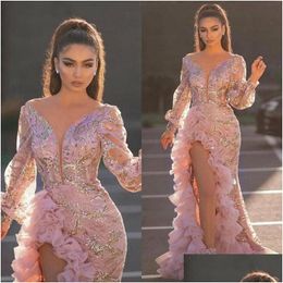 Basic & Casual Dresses Evening Party Women Elegant Y V Neck Split Side Ruffles Pink Dress Night Club Prom Wedding Long Maxi Plus Size Dhxsp