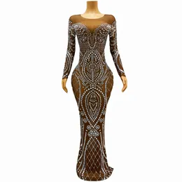 Stage Wear Brown Silver Crystals Dress Birthday Party Sexy Transparent Rhinestones Outfit Singer Performance Show Costume Lifu