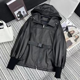 Women's Leather Designer's Retro Solid Color Zip-up Hooded Jacket For Fall/winter Fashion All-in-one Loose