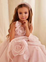 Girl Dresses Pink Princess Flower Dress For Wedding Sleeveless Puffy Tulle Applique Kids Party Birthday First Communion Ball Gown