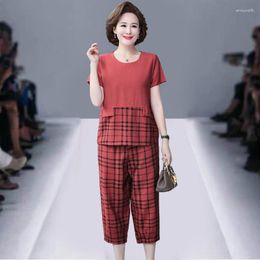 Women's Two Piece Pants 2 Sets Women Summer T-shirt And Set Tops Middle-aged Print Plaid Casual