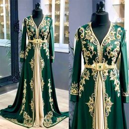 Caftan Elegant Green Moroccan Evening Dresses Muslim Long Sleeves Gold Lace Crystal Beaded Prom Dress V neck A Line Satin Kaftan Dubai Formal Gown