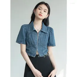 Women's Blouses Chic Women Denim Blouse Summer Turn Down Collar Short Sleeve Double Zipper Cropped Tops Female Slim Fit Thin Jean Shirts