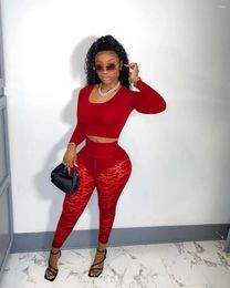 Women's Two Piece Pants Sexy O Neck Long Sleeve Crop Top Lace Set Women Black Red See Through Club Party Outfits Xmas Clothes