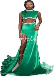 Unique Green Velvet Prom Dresses For Black Girls High Neck Illusion Long Sleeve High Slit Mermaid Evening Gowns 2024 Sexy African Formal Dance Birthday Party Gowns