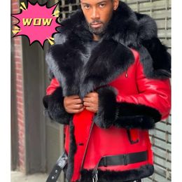 brand Jackets Mens Designer Leather Winter Jacket Thicken Velvet Fur Collar Hooded Zipper Colour Block Patchwork Fashion Red Disor Luxury