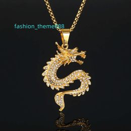 Hip hop Zodiac Dragon Pendant Chinese style gold plated diamond Necklace For Men
