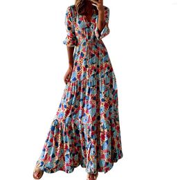 Casual Dresses Fashion Floral Maxi Dress Women Summer A Line Boho Beach Sundress Short Sleeve Loose Bohemian Ruffles Long