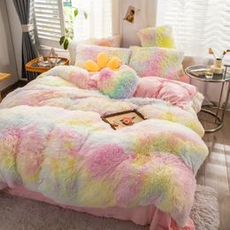 Luxury 3/4Pcs Super Shaggy Soft Coral Fleece Warm Cosy Princess Girls Bedding Set Mink Velvet Quilt Cover Comforter Set Blanket 240118