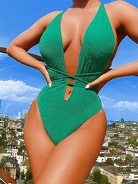 Wear One Piece Swimsuit Women 2023 New Green Lace Up V Neck Swimwear Sexy Bodysuit Monokini Backless Summer Beach Bathing Suit Female