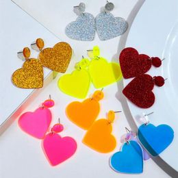 Dangle Earrings FishSheep Glitter Acrylic Love Heart Drop Earring For Women Girls Valentine's Day Neon Colour Shape Jewellery Gifts