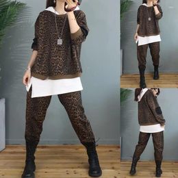 Women's Two Piece Pants Fashion Leopard Print Two-piece Casual Sportswear Female 2024 Spring Loose Cotton Round Neck Western Suit Trend