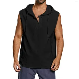 Men's Tank Tops Short Sleeve T Shirt Plain Shirts Pack Men Summer Versatile Sleeveless Fitness Sports Drawstring Solid Colour Hooded