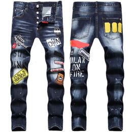 Jeans men jean Hip hop pants street trend Zipper chain decoration ripped Rips Stretch Black Fashion Slim Fit Washed Motocycle Denim Panelled Trousers Christmas