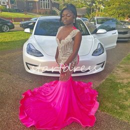 Luxury Rhinestone Hot Pink Prom Dress For Baddies Black Girls See Through O Neck Mermaid Evening Dress Diamond Fishtail Formal Sixteen Birthday Party Gowns Mariage