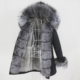 Jackets Oftbuy 2022 Waterproof Winter Jacket Women Long Parka Real Rabbit Fur Coat Natural Raccoon Fox Fur Collar Hood Warm Streetwear