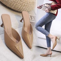 Slippers Female Shoes Thin Heels Ladies' Pointed Toe Med Mules For Women 2024 Luxury Slides Soft Designer High Cover Rubber