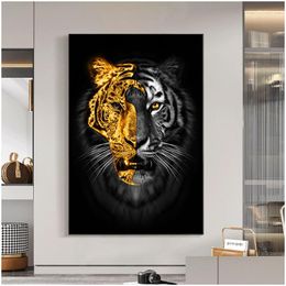 Paintings Animals Art Gold Black Lion Paintings On Canvas Wall Pictures For Living Room Decor Posters Prints Home Cuadros Drop Deliver Dhb2Z