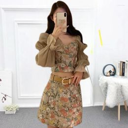 Work Dresses WDMSNA Summer Thin Sweet Square Neck Blouses Women Long Sleeve Shirt Top High Waist Skirt Two Piece Sets Womens Outifits