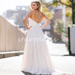 Sexy Cross Back Boho Wedding Dresses 2024 Sexy V Neck Backless Bohemian Civil Bride Dress Appliques Lace Sweep Train Country Boho Vestios De Novias Robe De Mariee