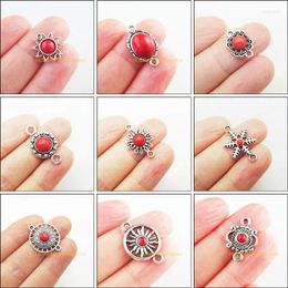 Charms Retro Sun Flower Star Round Antiqued Silver Plated Red Turquoise Connectors For Gifts Jewellery