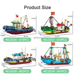 Blocks City Fishing Boat Vessel Trawlboat Building Blocks Model Pirate Ship Sea Fisher Figures Toys for Children Kids Birthday Gift