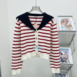 24SS Spring Women's Sweater Cardigan Long sleeved O-neck Casual Navy Style Contrast Striped Shirt Women's Doll Neck Sweet Red Knitted Shirt