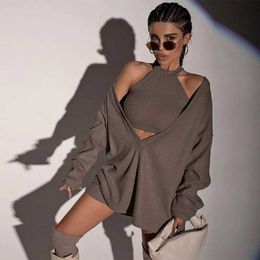 Women's Blouses Shirts New Open Navel Off Shoulder Short Tank Top V-neck Long Sleeves Loose Pullover Two Piece Set YQ240120