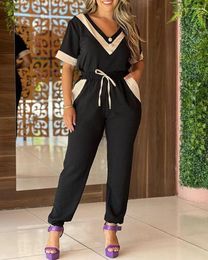 Women's Two Piece Pants Summer Casual 2 Set Women Sport Solid Outfit V Neck Short Sleeve T Shirt Top Jogger Pant Suit Tracksuit