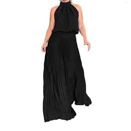 Casual Dresses Pleated Halter Floor-Length Maxi Women Summer 2024 Backless Loose Long Dress Solid Colour Elegant Evening Party