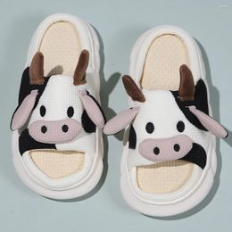 Slippers Women Cow Sandals Flip Flops For Woman Cute Linen Home Men Couples Four Seasons Indoor Shoes Comfortable Cartoon Slides